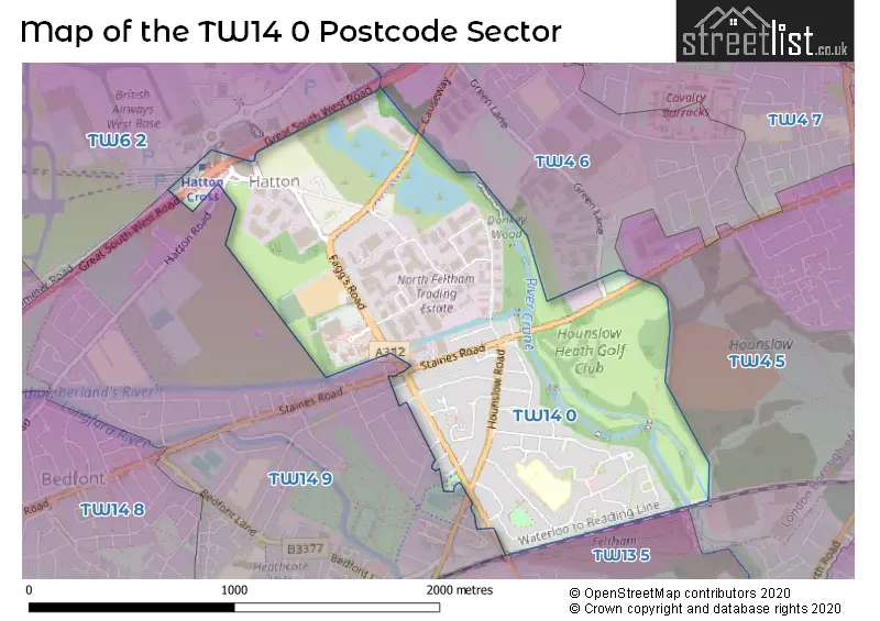 Map of the TW14 0 and surrounding postcode sector