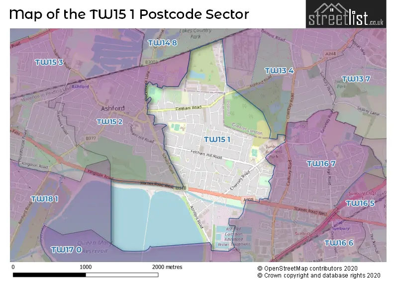 Map of the TW15 1 and surrounding postcode sector