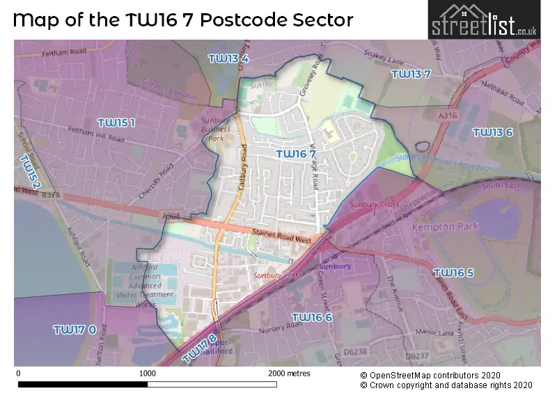 Map of the TW16 7 and surrounding postcode sector