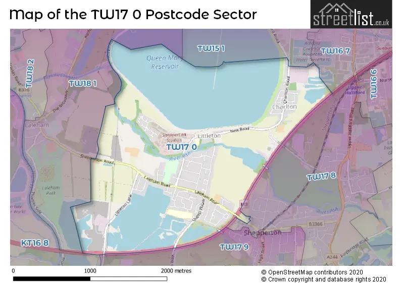 Map of the TW17 0 and surrounding postcode sector