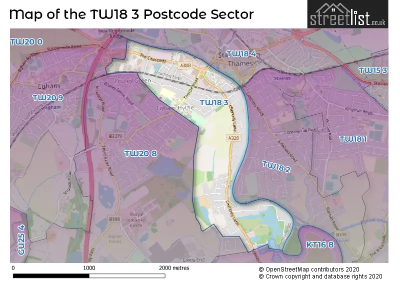 Map of the TW18 3 and surrounding postcode sector