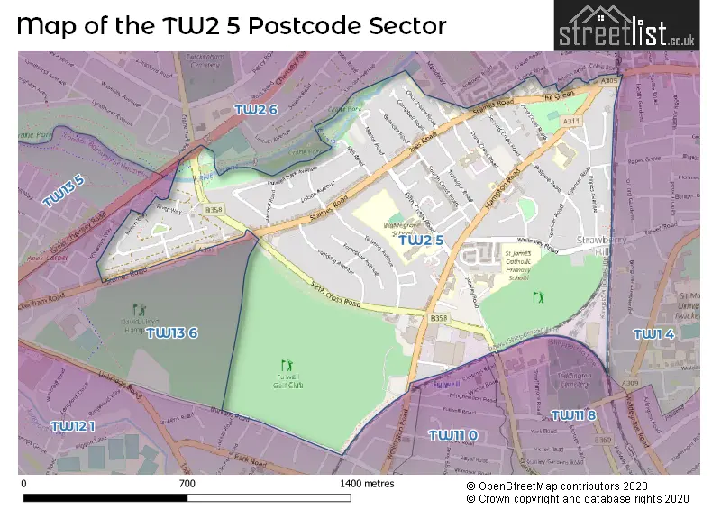 Map of the TW2 5 and surrounding postcode sector