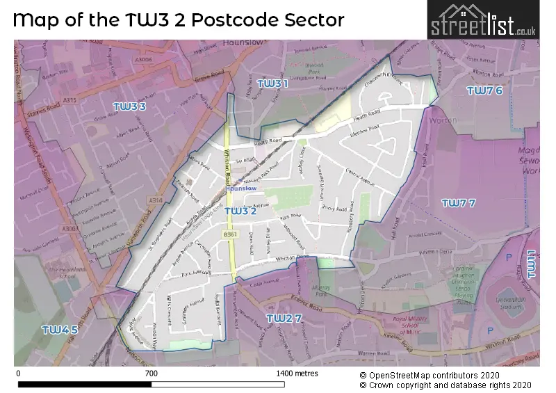 Map of the TW3 2 and surrounding postcode sector