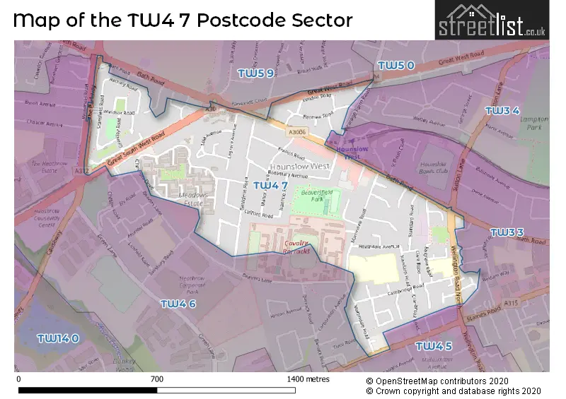 Map of the TW4 7 and surrounding postcode sector