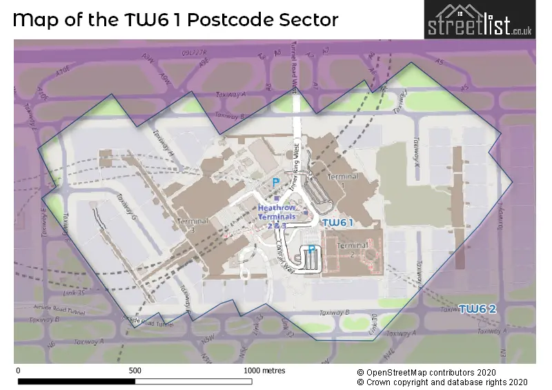 Map of the TW6 1 and surrounding postcode sector