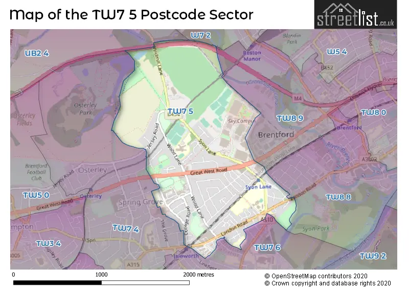 Map of the TW7 5 and surrounding postcode sector