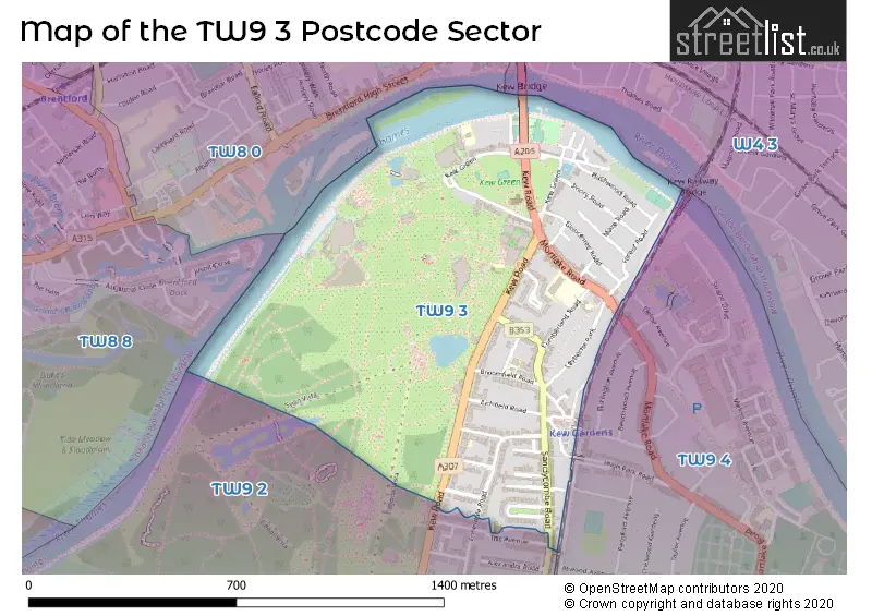 Map of the TW9 3 and surrounding postcode sector