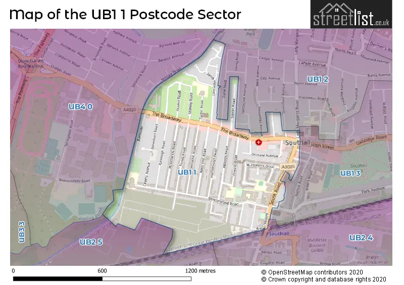 Map of the UB1 1 and surrounding postcode sector