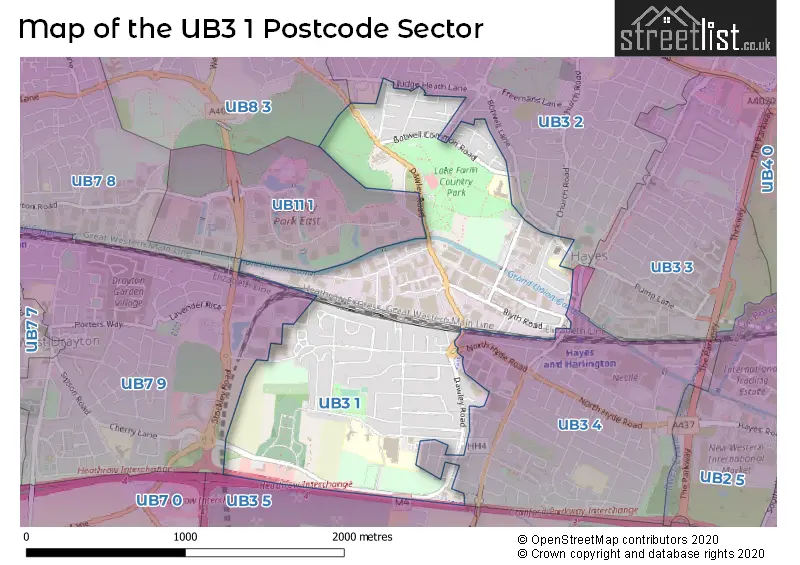 Map of the UB3 1 and surrounding postcode sector