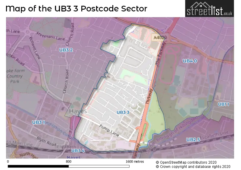 Map of the UB3 3 and surrounding postcode sector