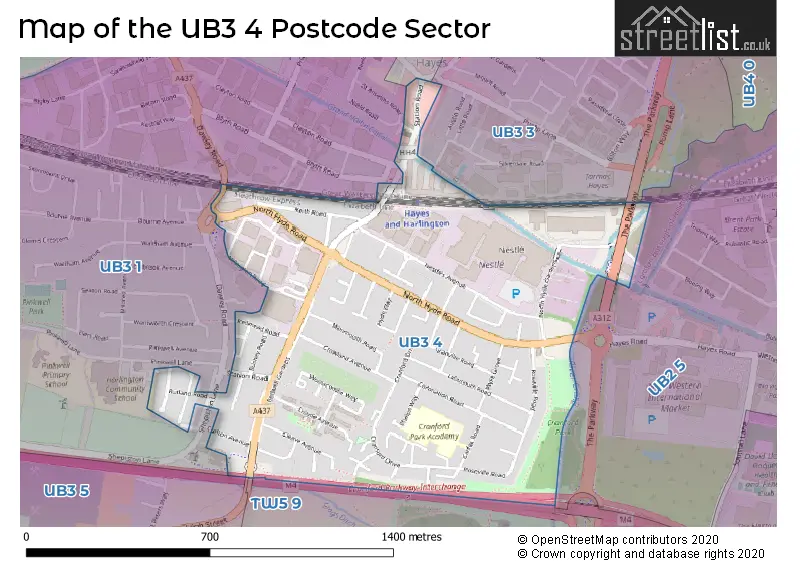 Map of the UB3 4 and surrounding postcode sector