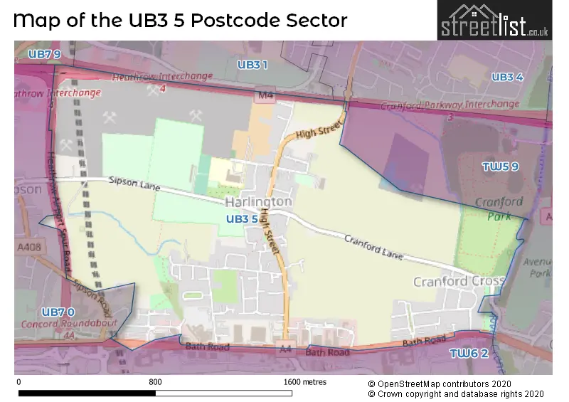 Map of the UB3 5 and surrounding postcode sector