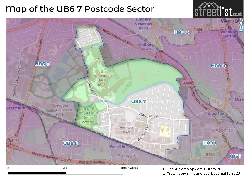 Map of the UB6 7 and surrounding postcode sector