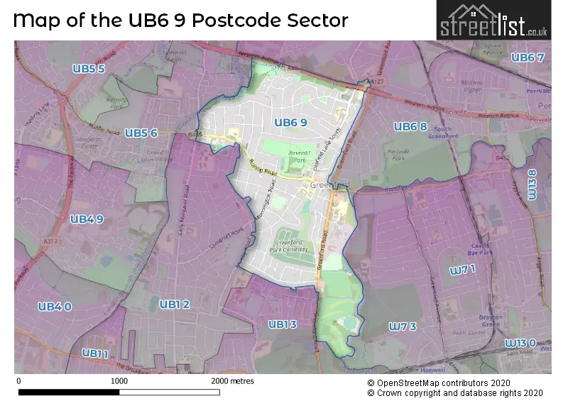 Map of the UB6 9 and surrounding postcode sector