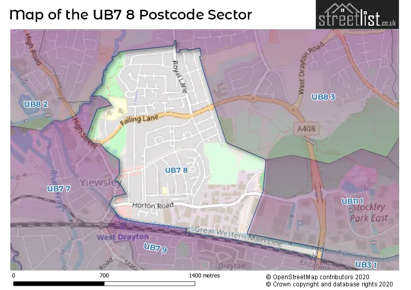 Map of the UB7 8 and surrounding postcode sector