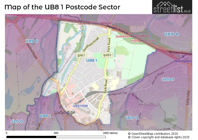 Map of the UB8 1 and surrounding postcode sector