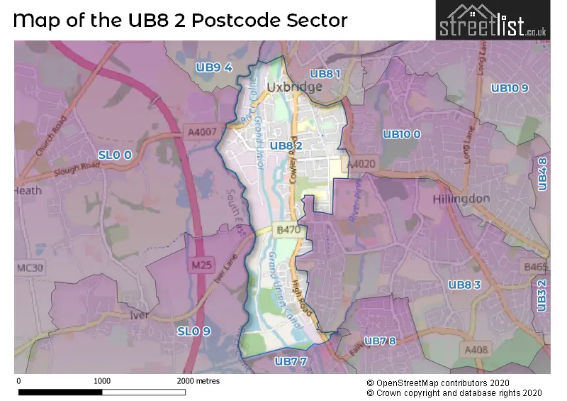 Map of the UB8 2 and surrounding postcode sector