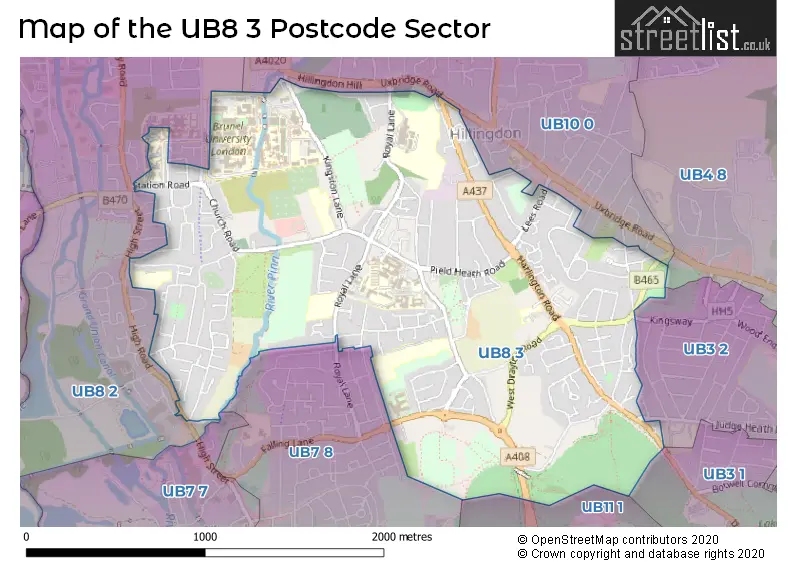 Map of the UB8 3 and surrounding postcode sector