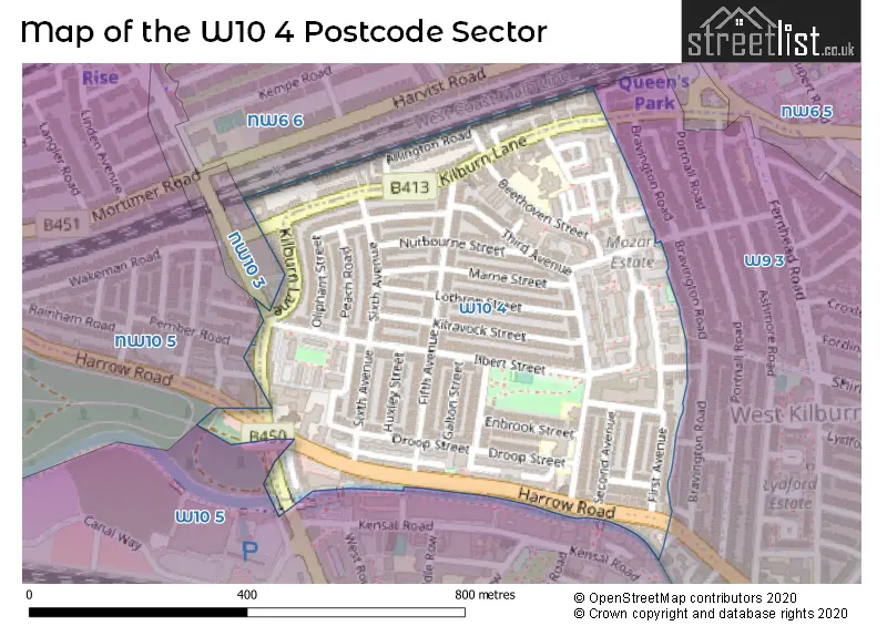 Map of the W10 4 and surrounding postcode sector