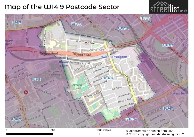 Map of the W14 9 and surrounding postcode sector