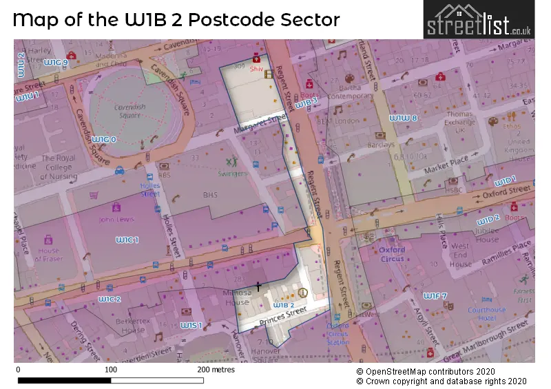 Map of the W1B 2 and surrounding postcode sector