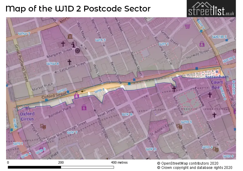 Map of the W1D 2 and surrounding postcode sector