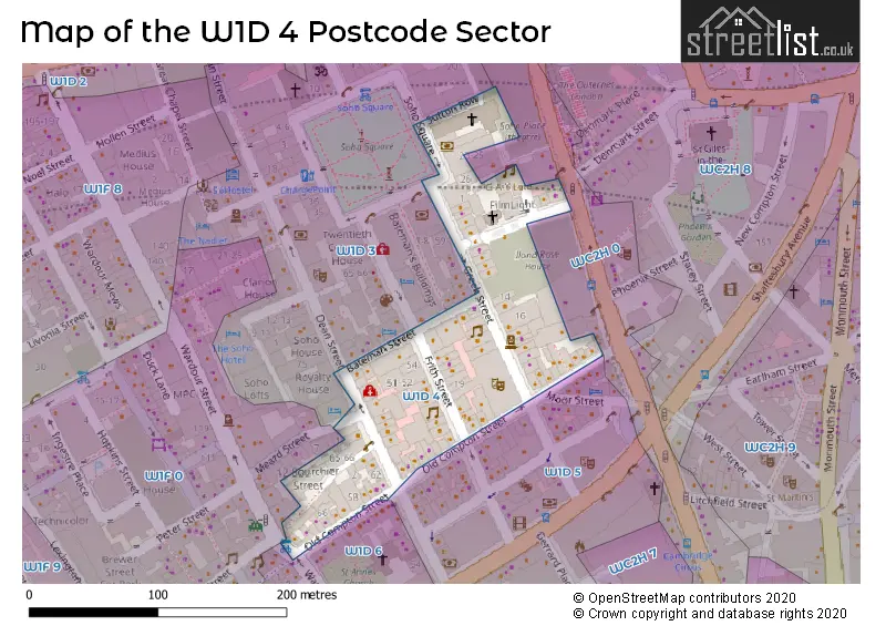 Map of the W1D 4 and surrounding postcode sector