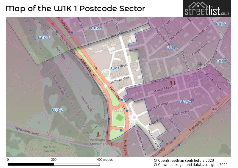 Map of the W1K 1 and surrounding postcode sector