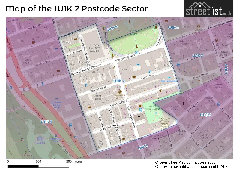 Map of the W1K 2 and surrounding postcode sector