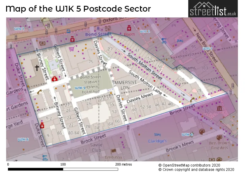 Map of the W1K 5 and surrounding postcode sector