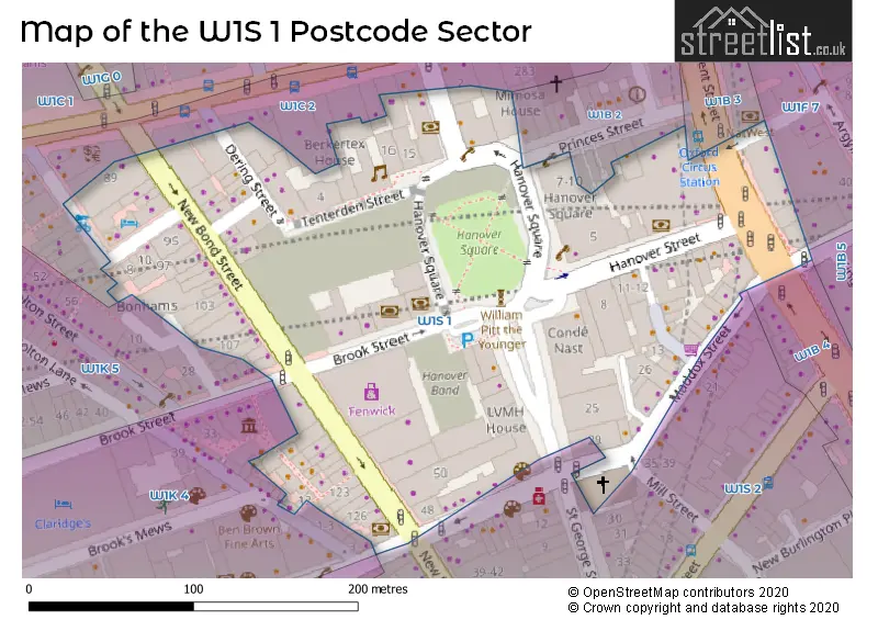 Map of the W1S 1 and surrounding postcode sector