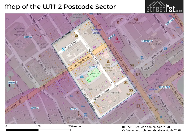 Map of the W1T 2 and surrounding postcode sector