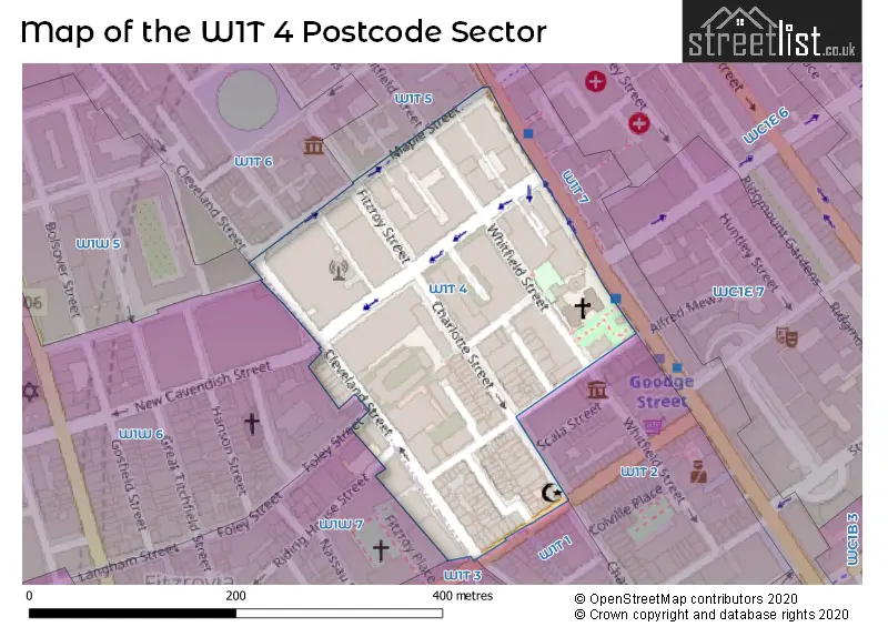 Map of the W1T 4 and surrounding postcode sector