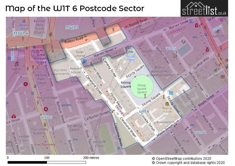 Map of the W1T 6 and surrounding postcode sector