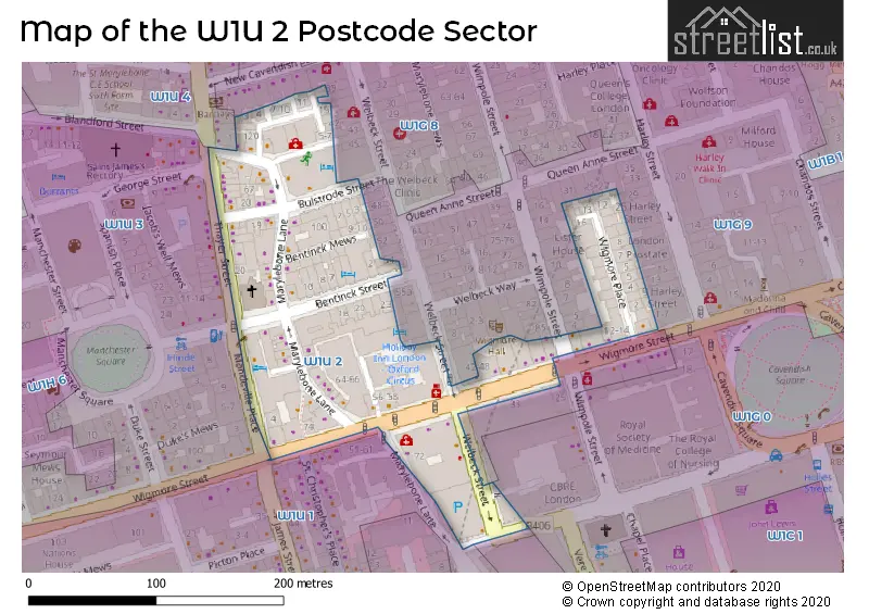 Map of the W1U 2 and surrounding postcode sector