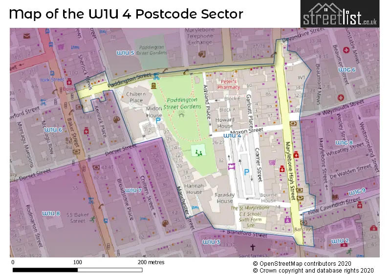 Map of the W1U 4 and surrounding postcode sector