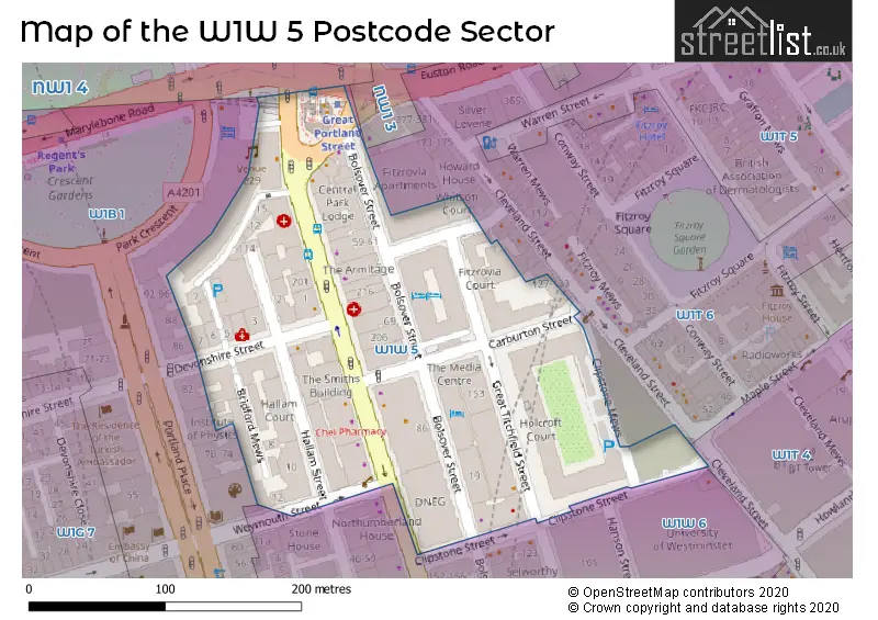 Map of the W1W 5 and surrounding postcode sector