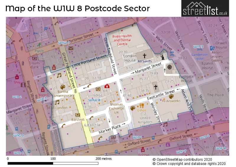 Map of the W1W 8 and surrounding postcode sector