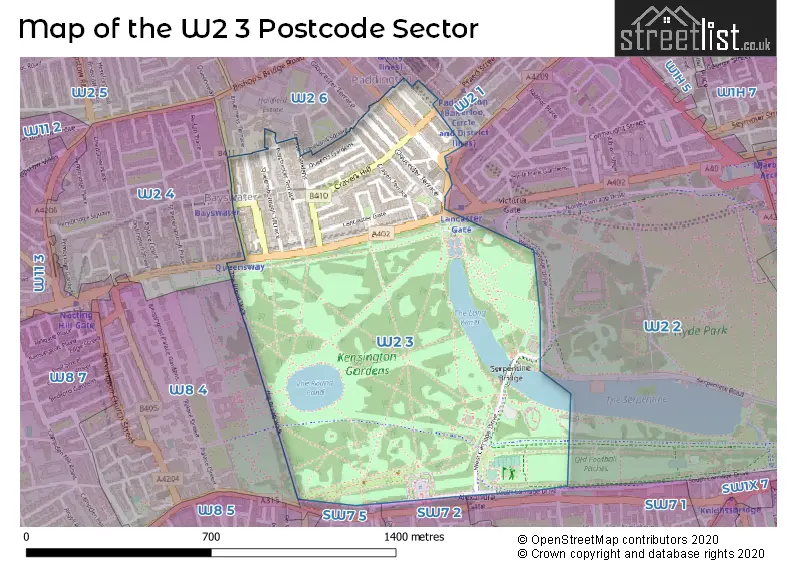 Map of the W2 3 and surrounding postcode sector