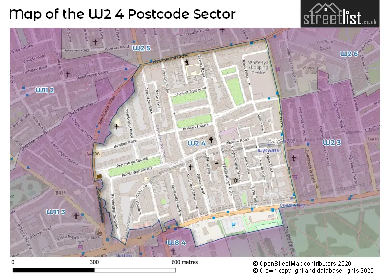 Map of the W2 4 and surrounding postcode sector