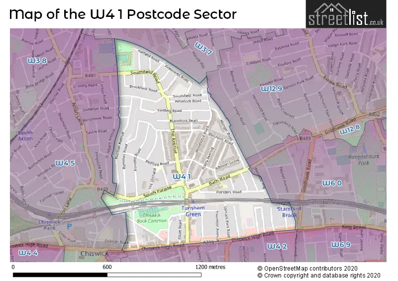 Map of the W4 1 and surrounding postcode sector