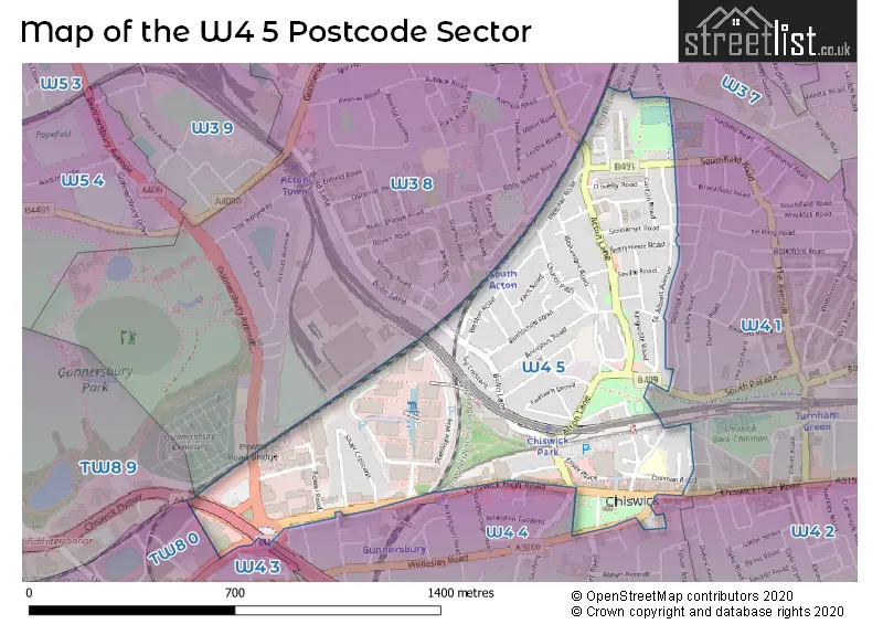 Map of the W4 5 and surrounding postcode sector