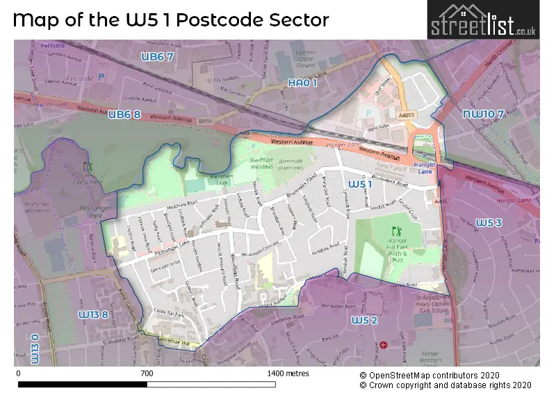 Map of the W5 1 and surrounding postcode sector