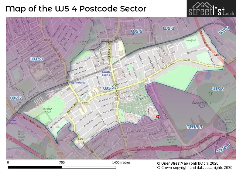 Map of the W5 4 and surrounding postcode sector