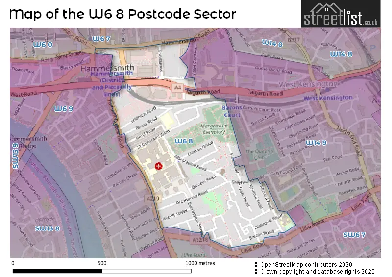 Map of the W6 8 and surrounding postcode sector