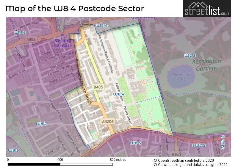 Map of the W8 4 and surrounding postcode sector