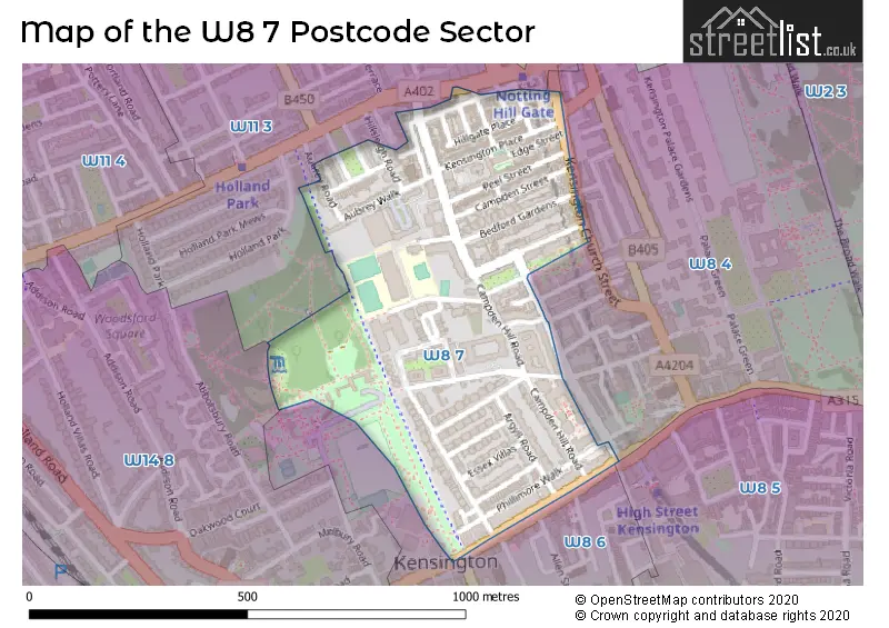 Map of the W8 7 and surrounding postcode sector