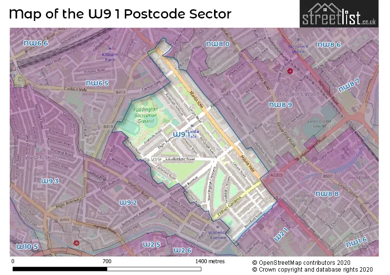 Map of the W9 1 and surrounding postcode sector