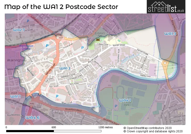 Map of the WA1 2 and surrounding postcode sector