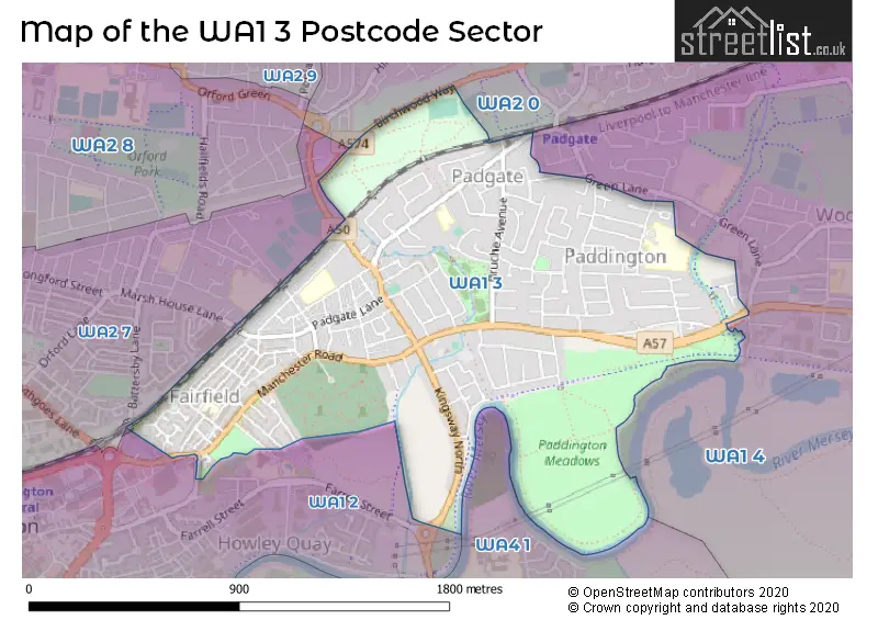 Map of the WA1 3 and surrounding postcode sector